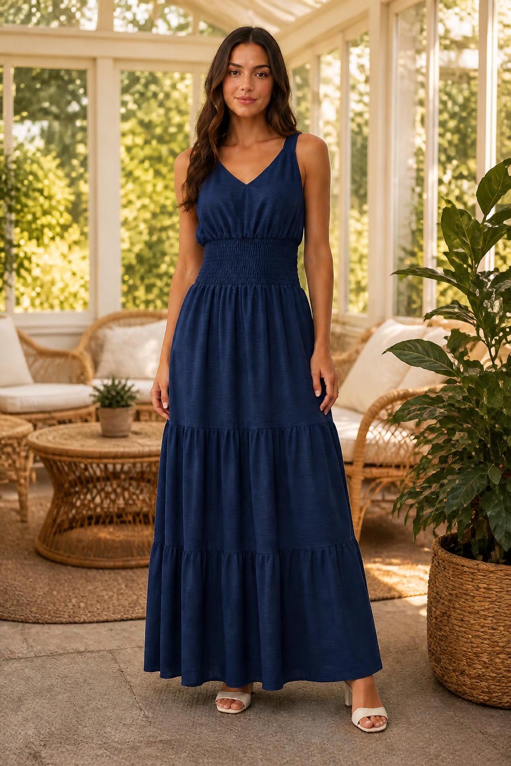 Eliana | Maxi Dress, Solid V-Neck Strappy for Spring/Summer