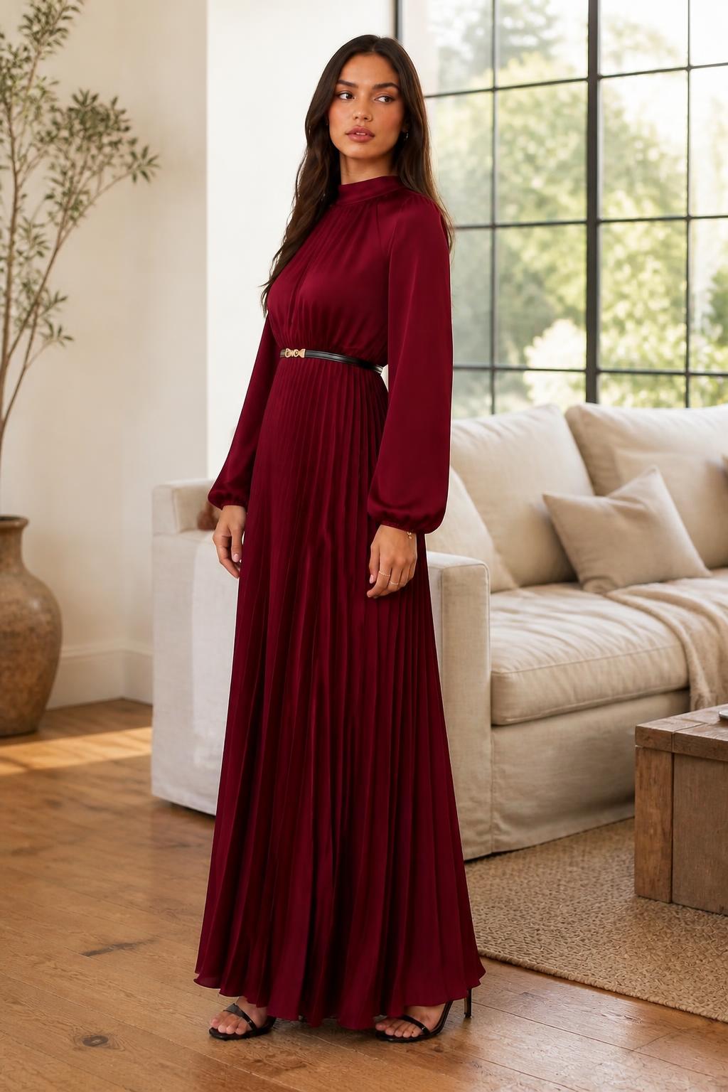 Olivia | Pleated Maxi Dress, Long Lantern Sleeves