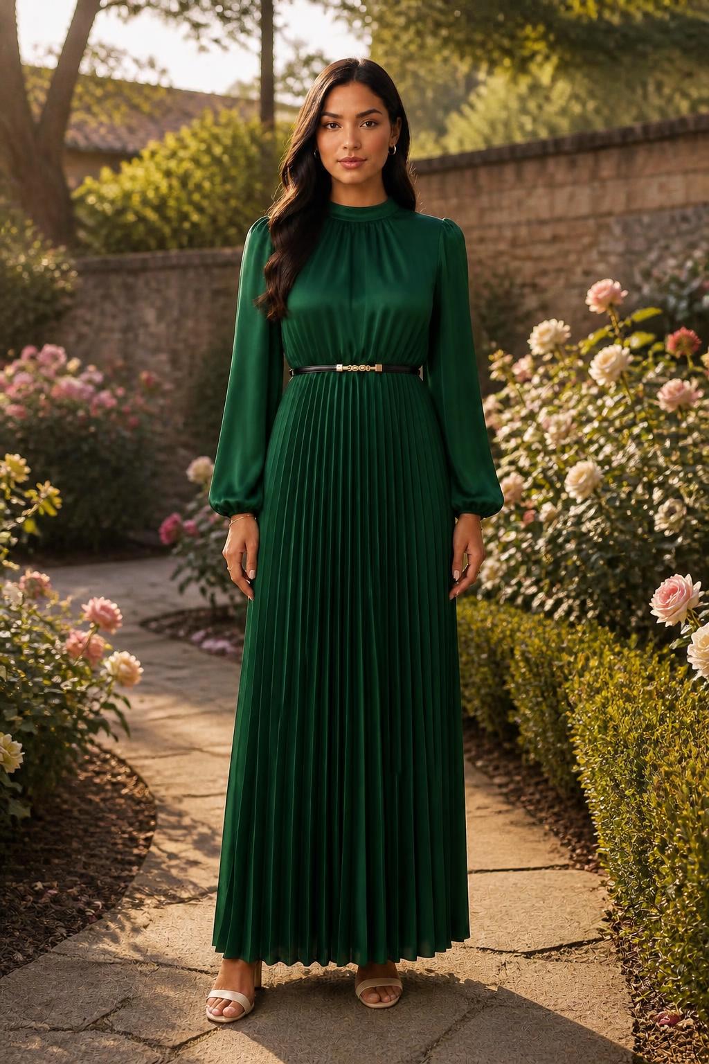 Olivia | Pleated Maxi Dress, Long Lantern Sleeves