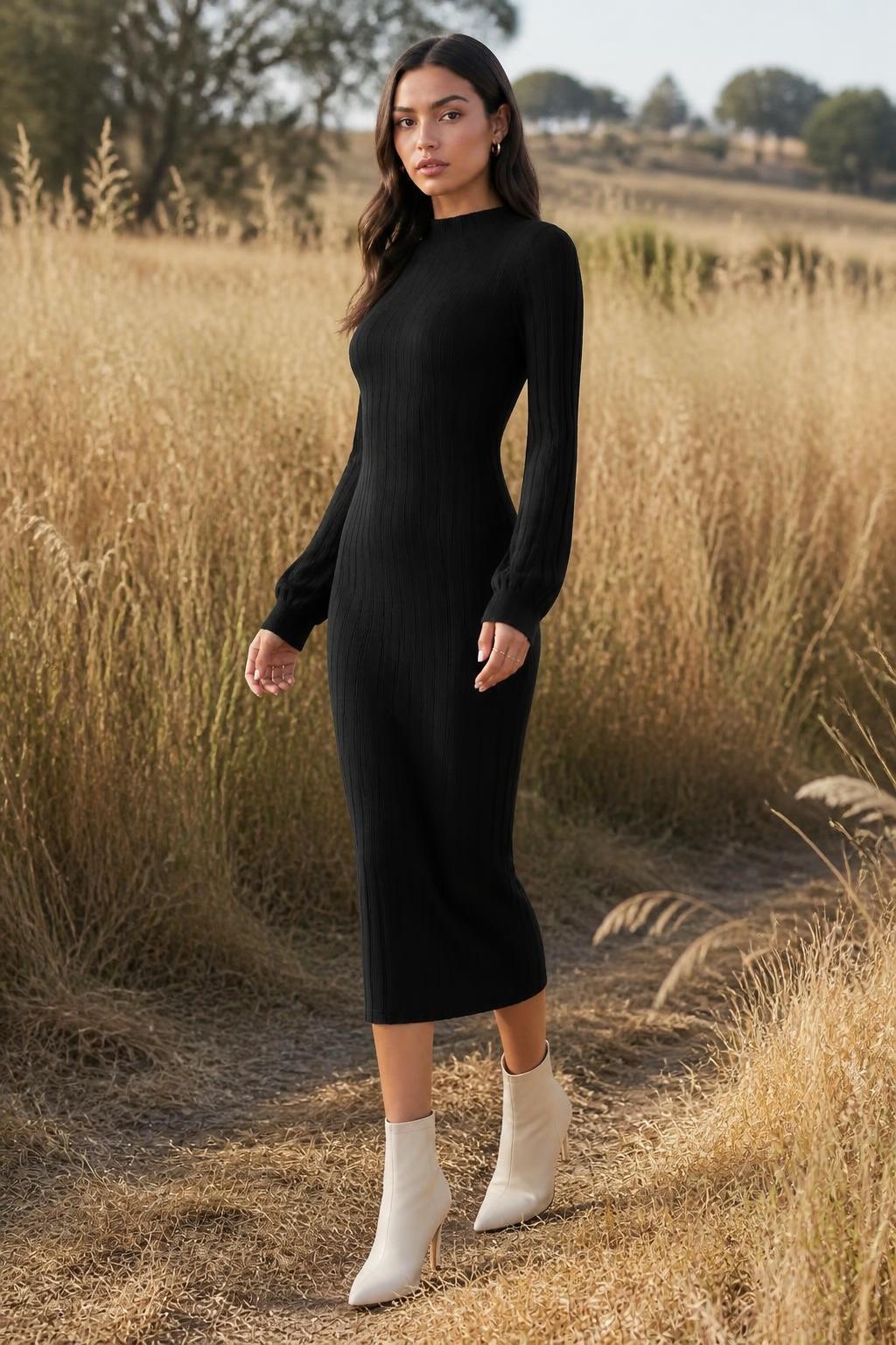 Sophia | Halter Neck Dress, Solid Ribbed Bodycon with Long Sleeves