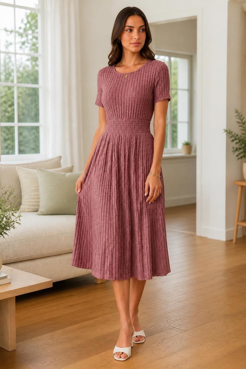 Sofia | A Line Dress, Casual Solid Ribbed with Waist Tie