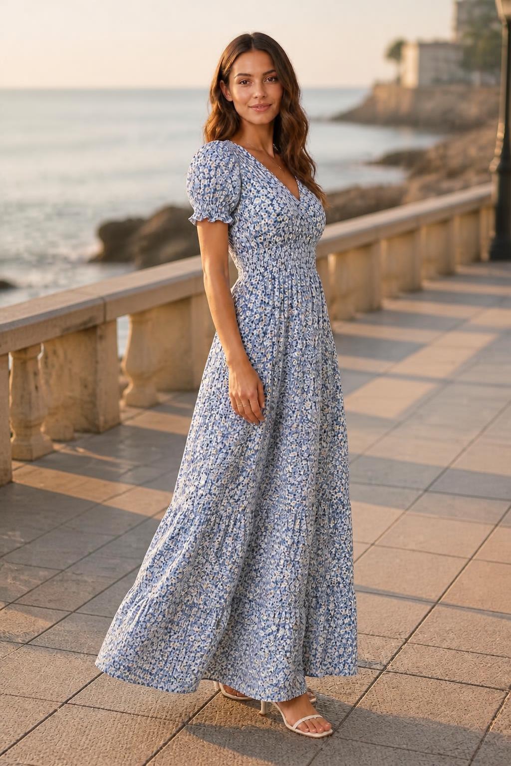 Mia | Puff Sleeve Midi Dress, Short Sleeve Printed