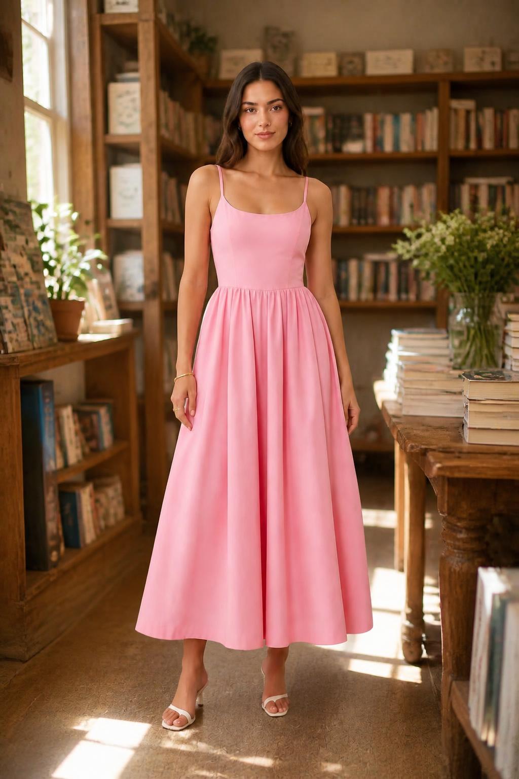 Evelyn | Pleated Dress, Sleeveless Strappy Midi with Pockets
