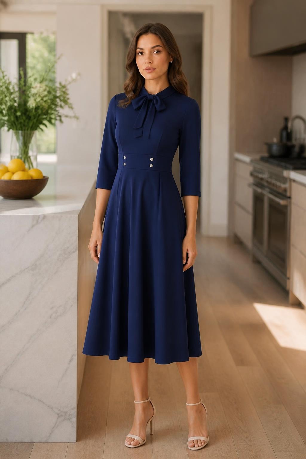 Charlotte | Navy Blue Dress, Tie-Waist Midi for Elegant Workwear