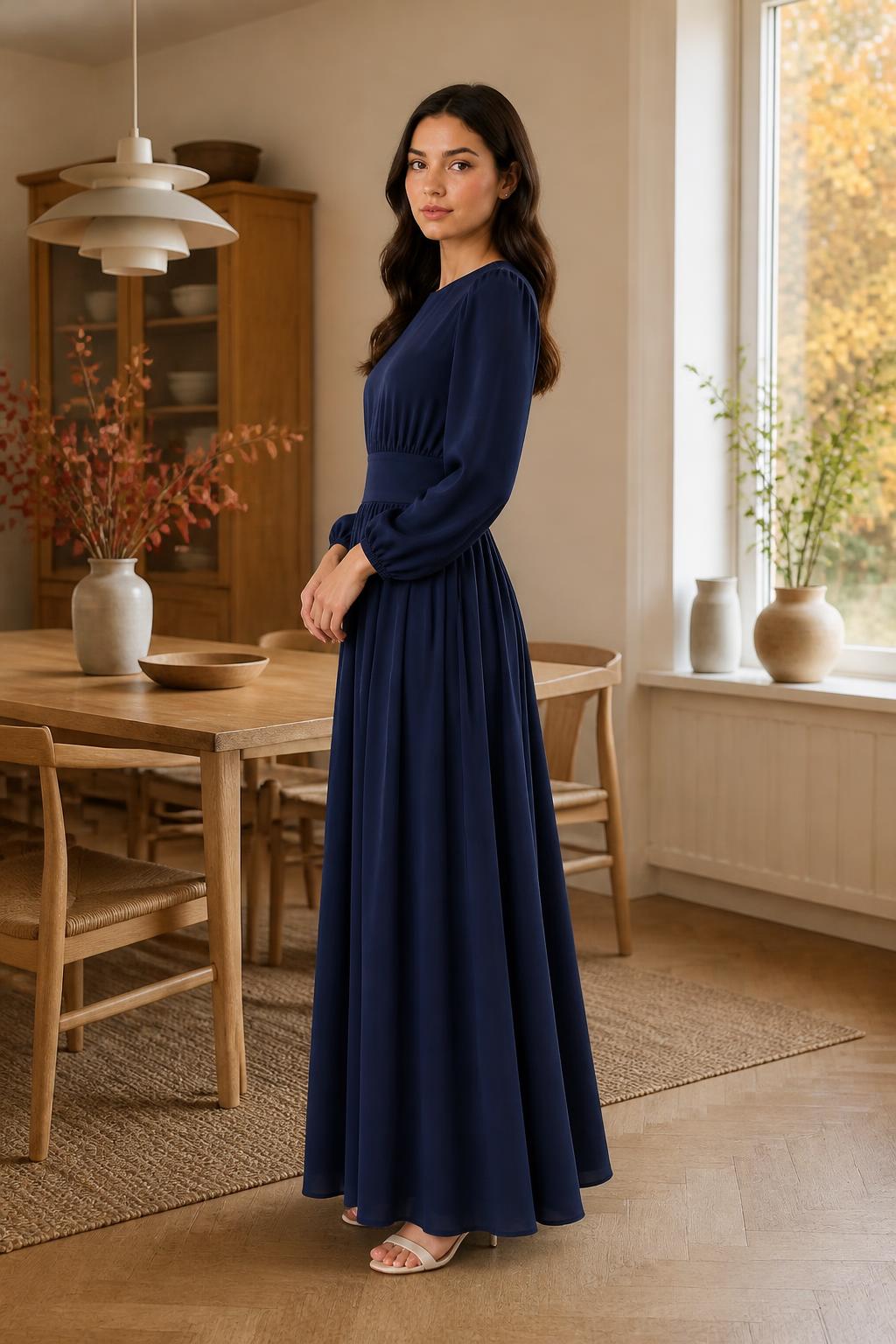 Emma | Midi Dress with Sleeves, Solid, Lantern Sleeves and Gathered Waist