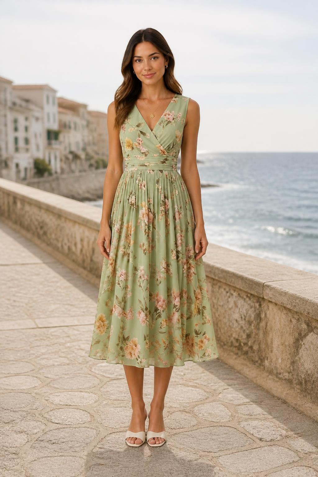 Mia | Floral Dress, V-Neck Wrap Pleated Midi
