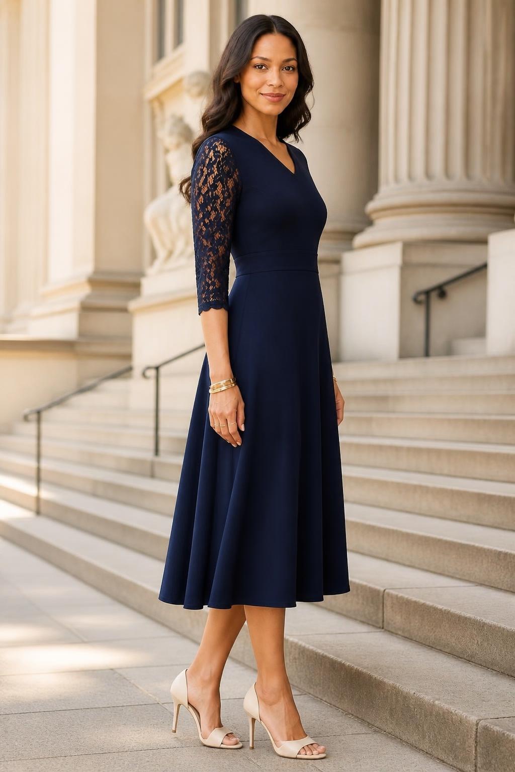 Isabella | Lace Sleeve Dress, V-Neck A-Line Midi