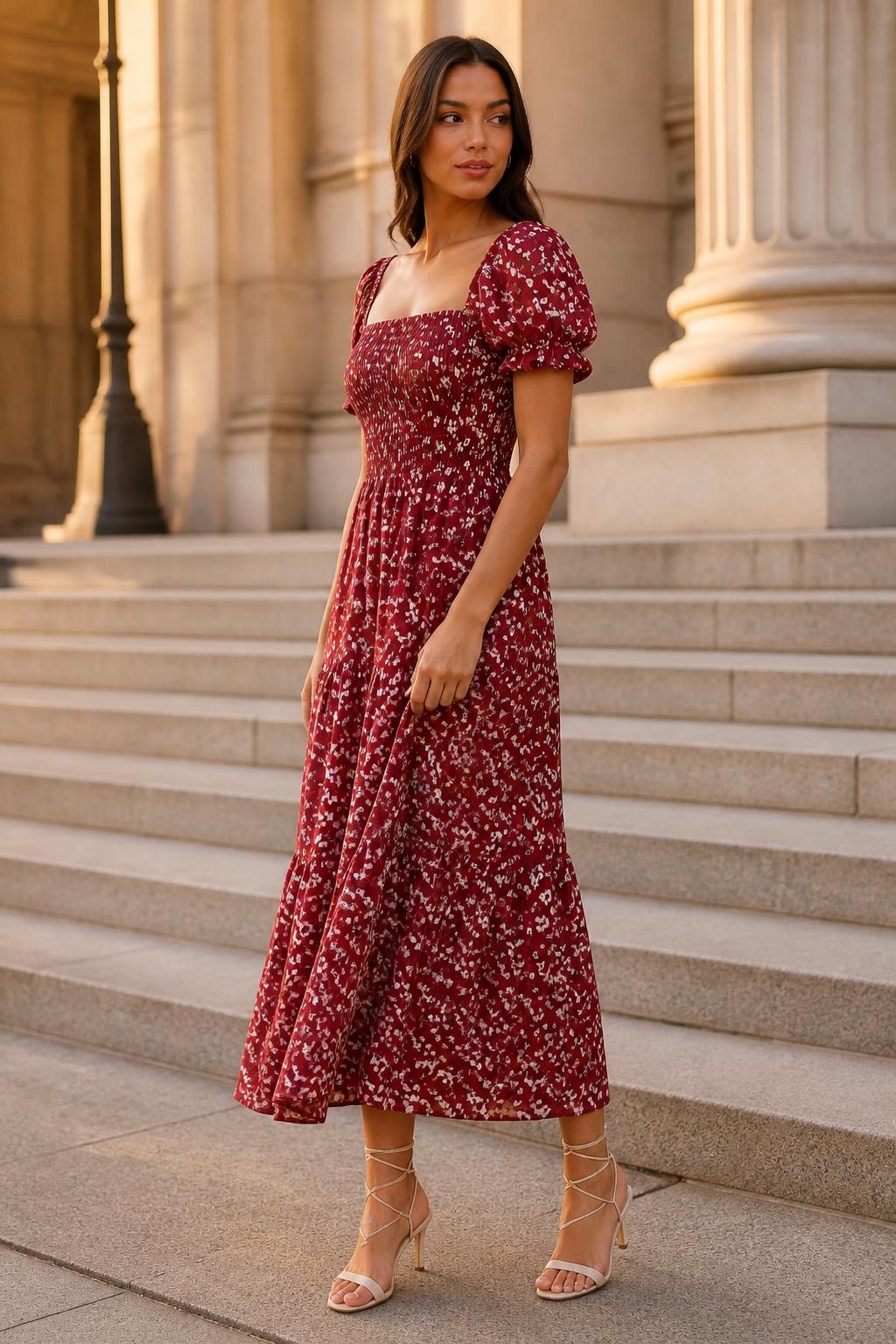 Evelyn | Floral Midi Dress, Ruffle Sleeves and Gathered Waist