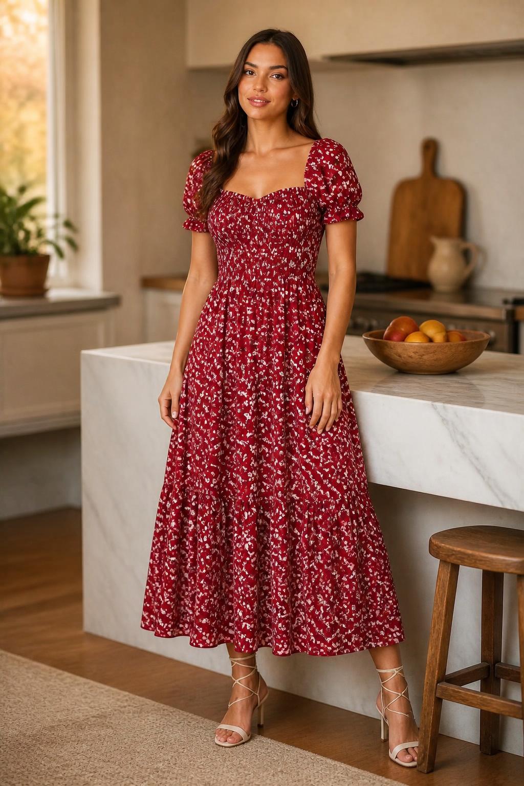 Evelyn | Floral Midi Dress, Ruffle Sleeves and Gathered Waist