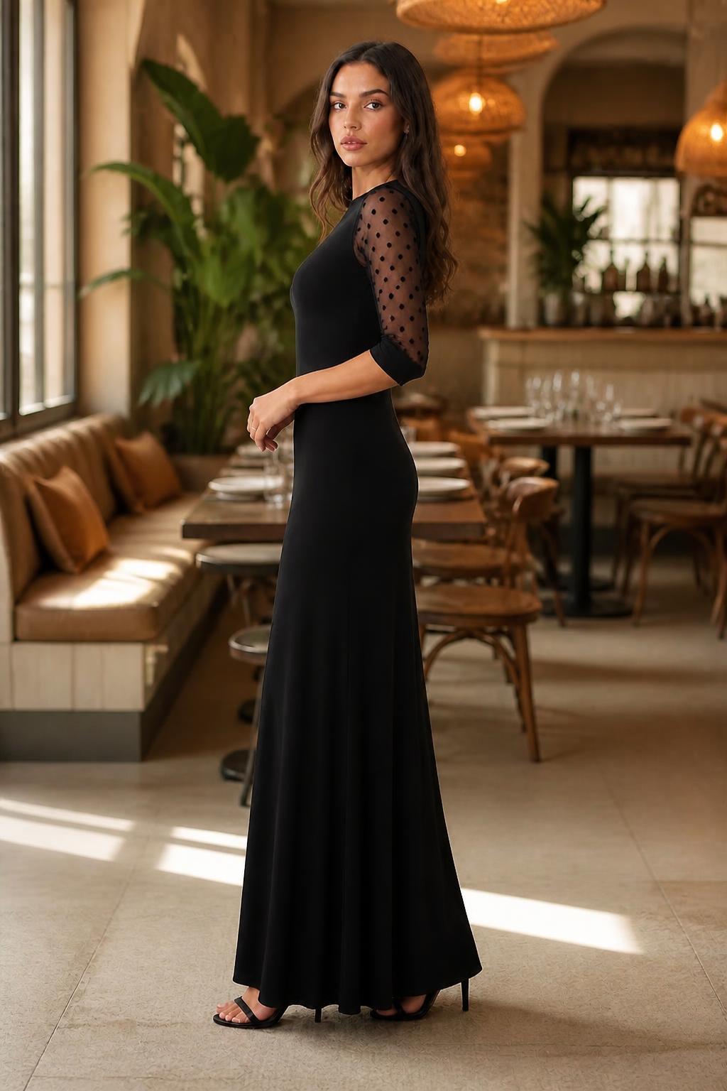 Sofia | Black Midi Dress, A-Line with Lace Sleeves