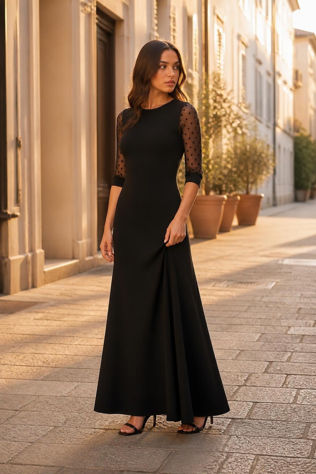 Sofia | Black Midi Dress, A-Line with Lace Sleeves
