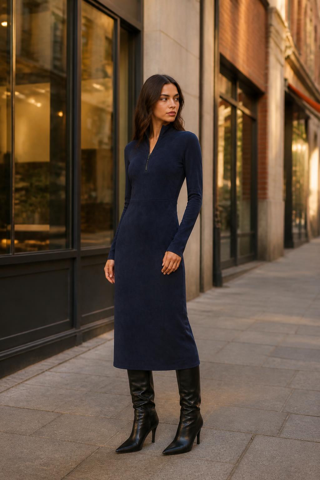 Olivia | Long Sleeve Midi Dress, Faux-Wrap Design