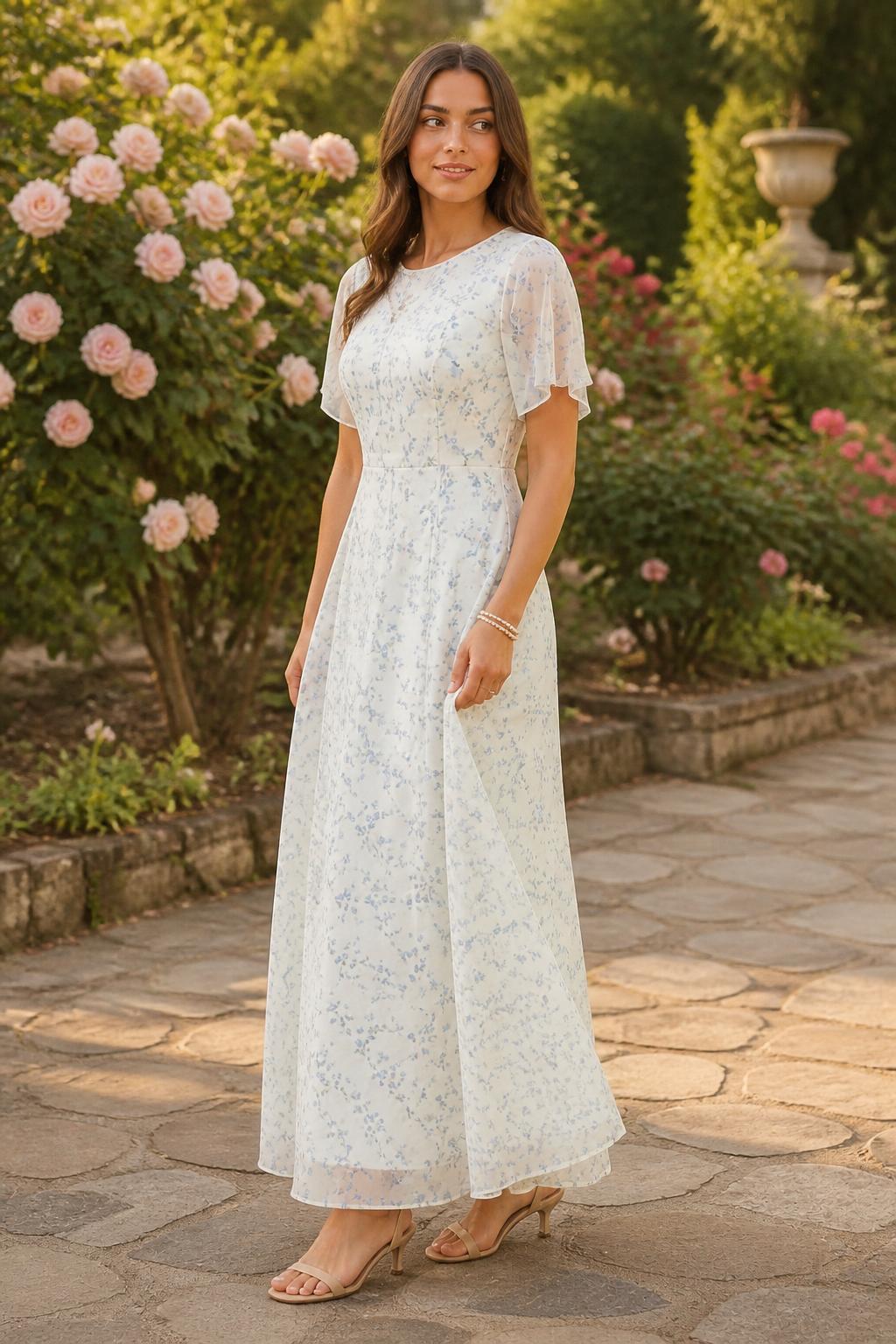 Charlotte | Short Sleeve Midi Dress, Elegant Floral Round Neck