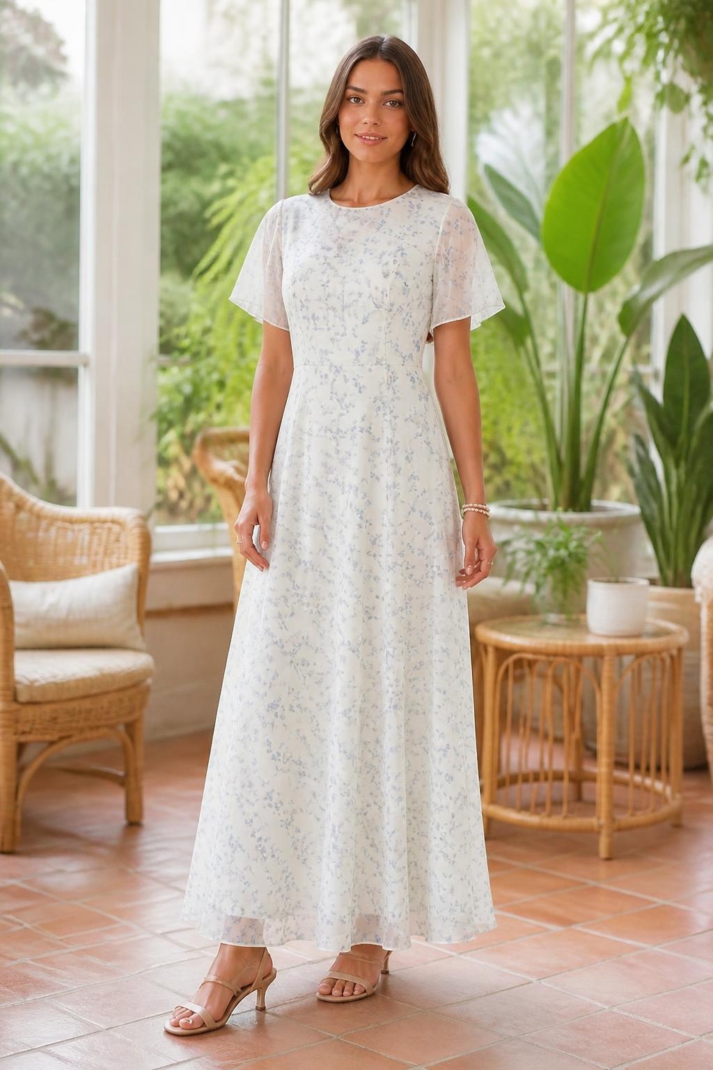 Charlotte | Short Sleeve Midi Dress, Elegant Floral Round Neck