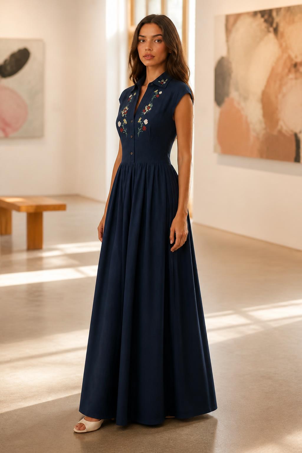 Emma | Midi Shirt Dress, Navy Embroidered Sleeveless in 100% Cotton