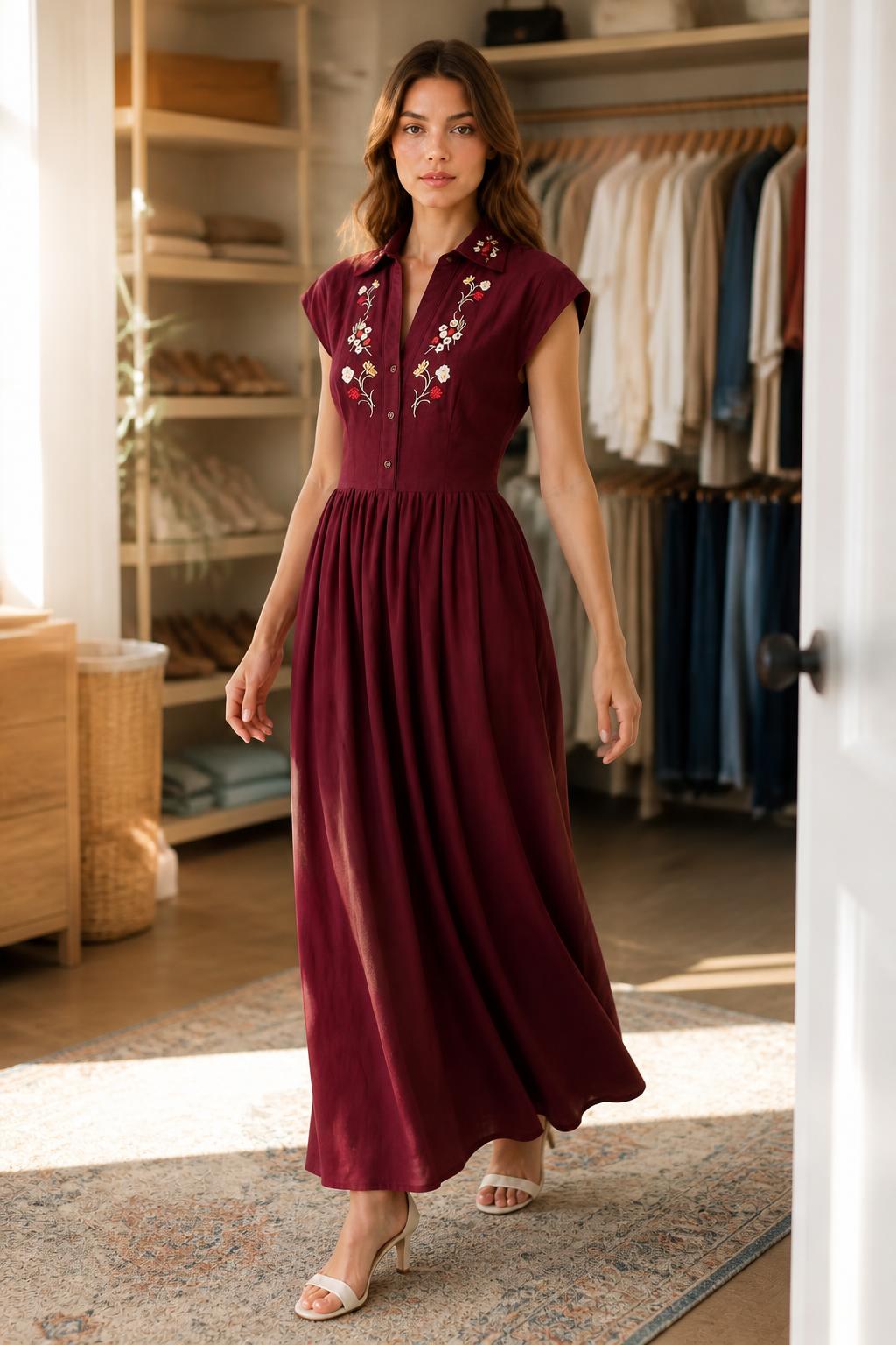 Emma | Midi Shirt Dress, Navy Embroidered Sleeveless in 100% Cotton