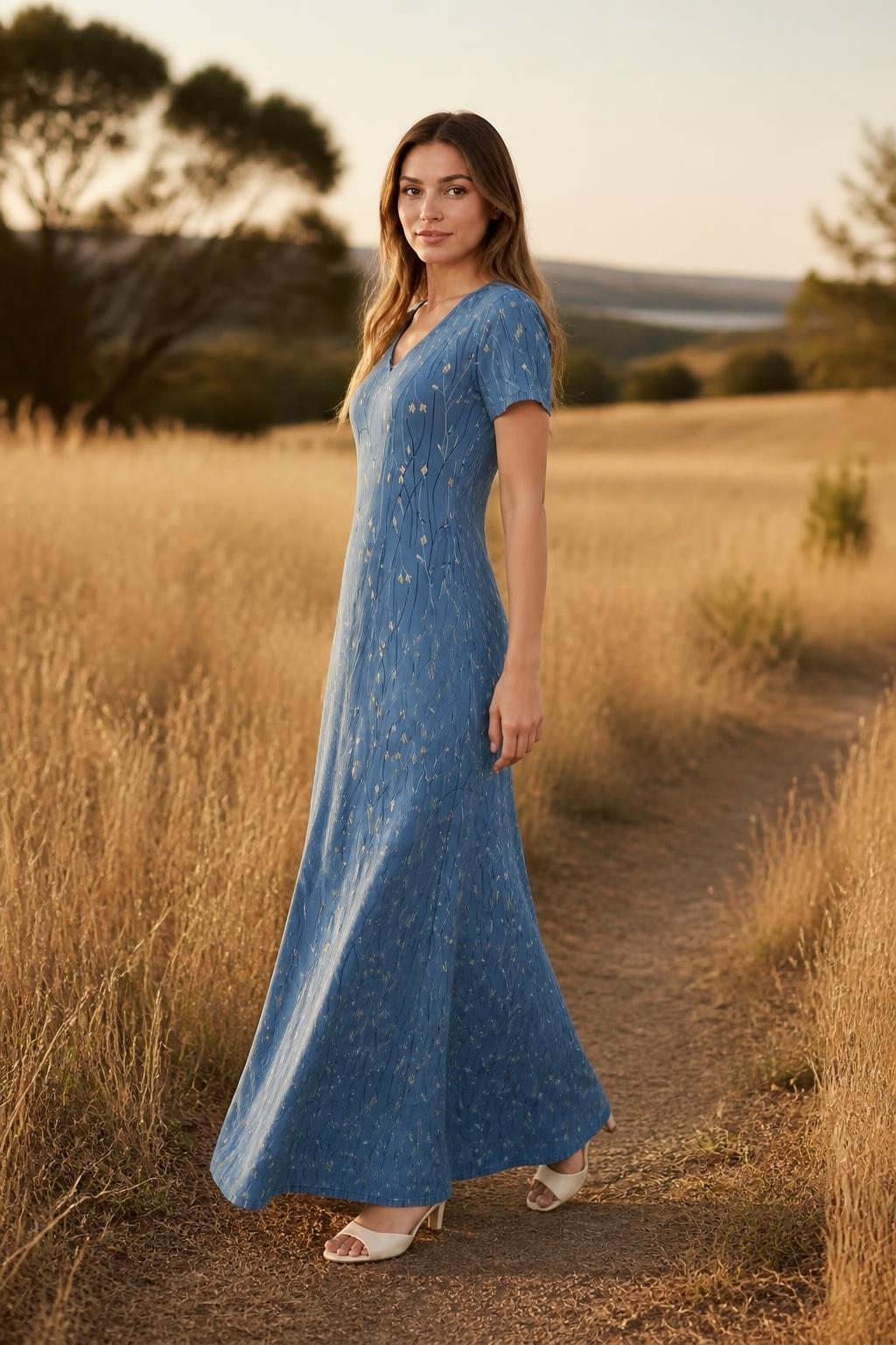 Amelia | Boho Dress, V-Neck Short Sleeve Midi with Floral Print