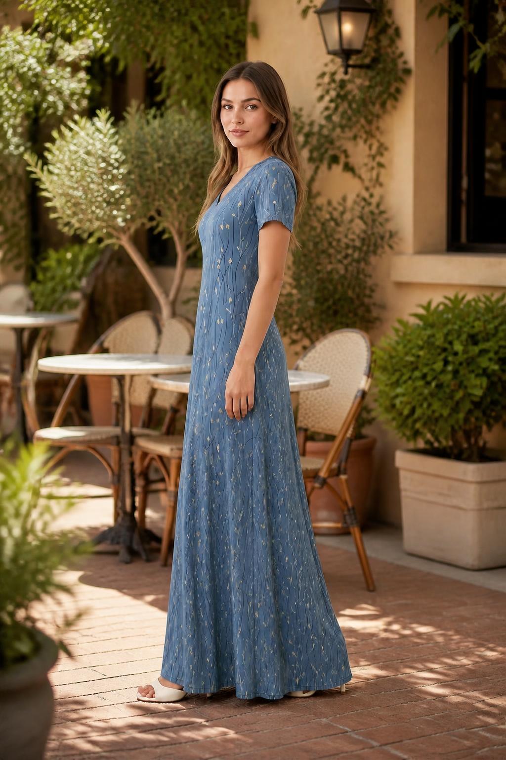 Amelia | Boho Dress, V-Neck Short Sleeve Midi with Floral Print