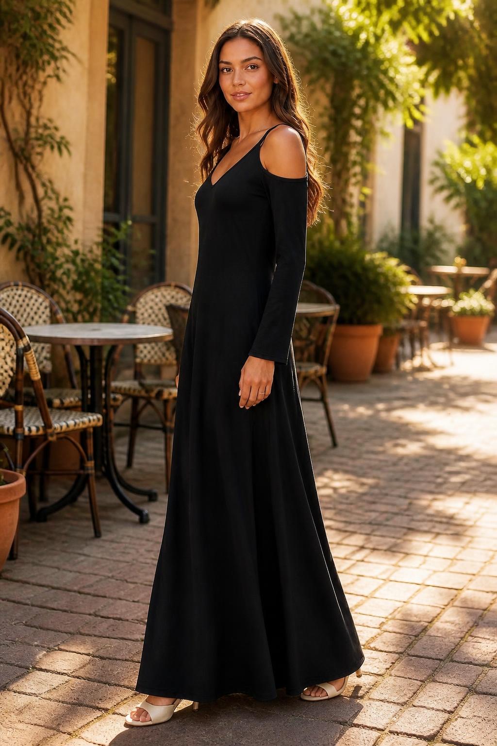 Sophia | Black A Line Dress, V-Neck Cold-Shoulder Midi