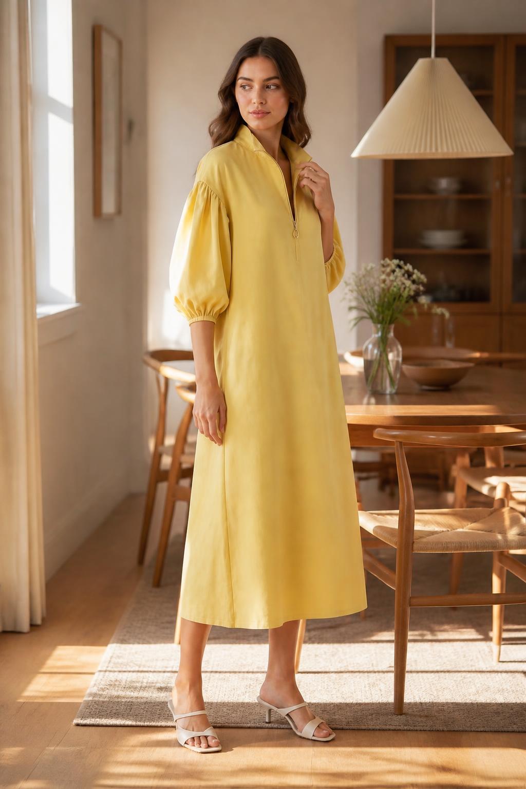Mia | Summer Midi Dress, Stand Collar and Puff Sleeves