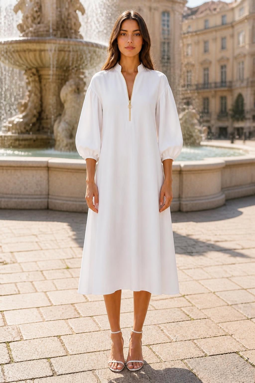 Mia | Summer Midi Dress, Stand Collar and Puff Sleeves
