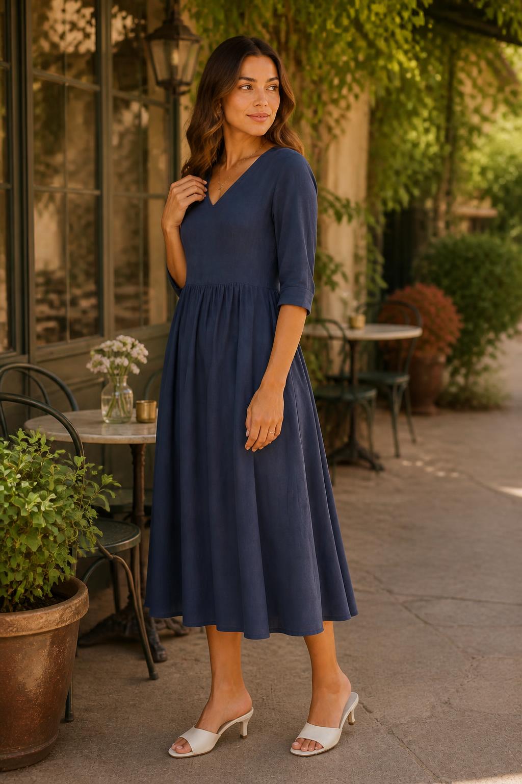 Evelyn | V Neck Dress, All-Season Pleated Midi