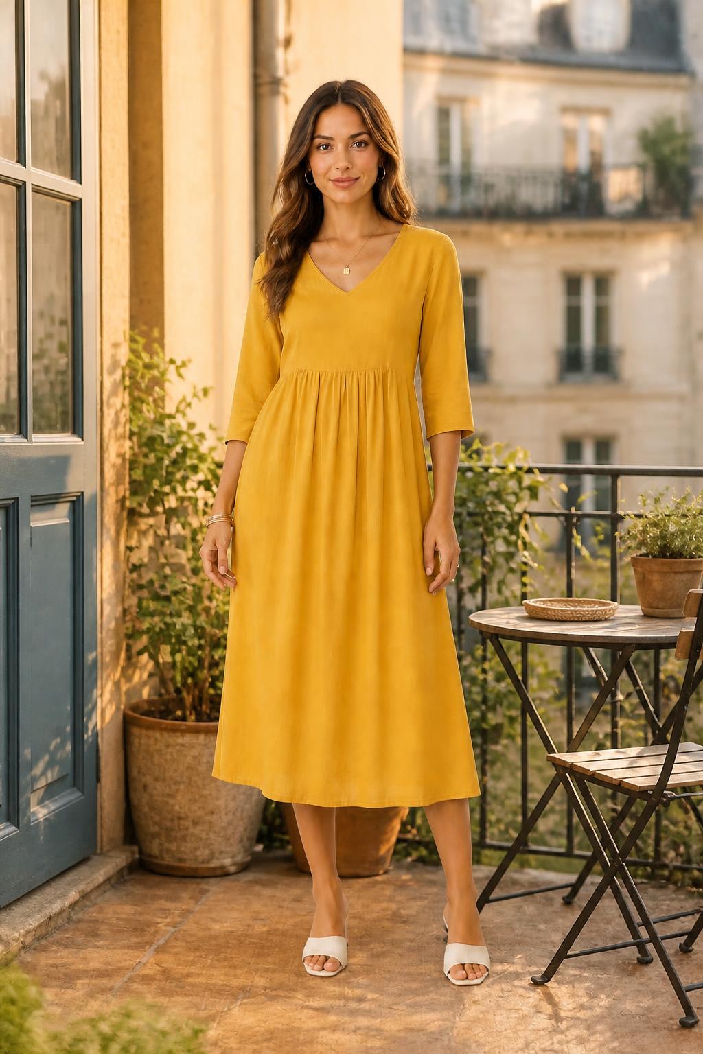 Evelyn | V Neck Dress, All-Season Pleated Midi