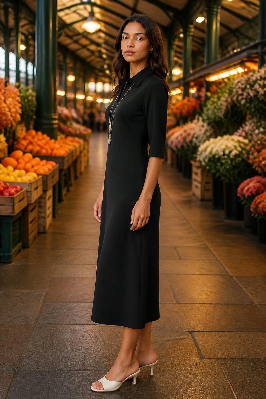 Sofia | Work Dress, V-Neck Midi-Sleeve Waist-Defining Commuter Style