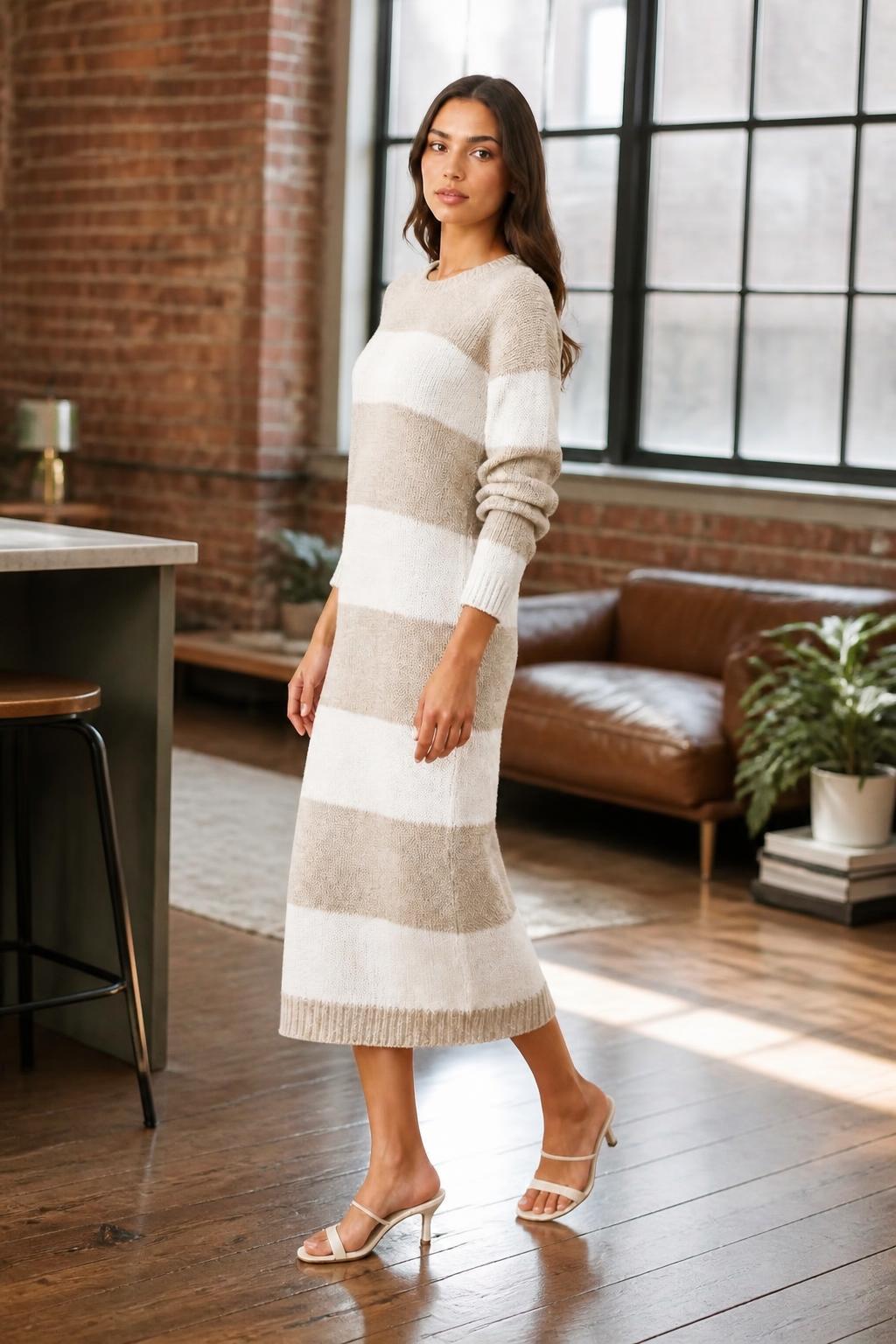 Evelyn | Midi Sweater Dress, Elegant Striped Style