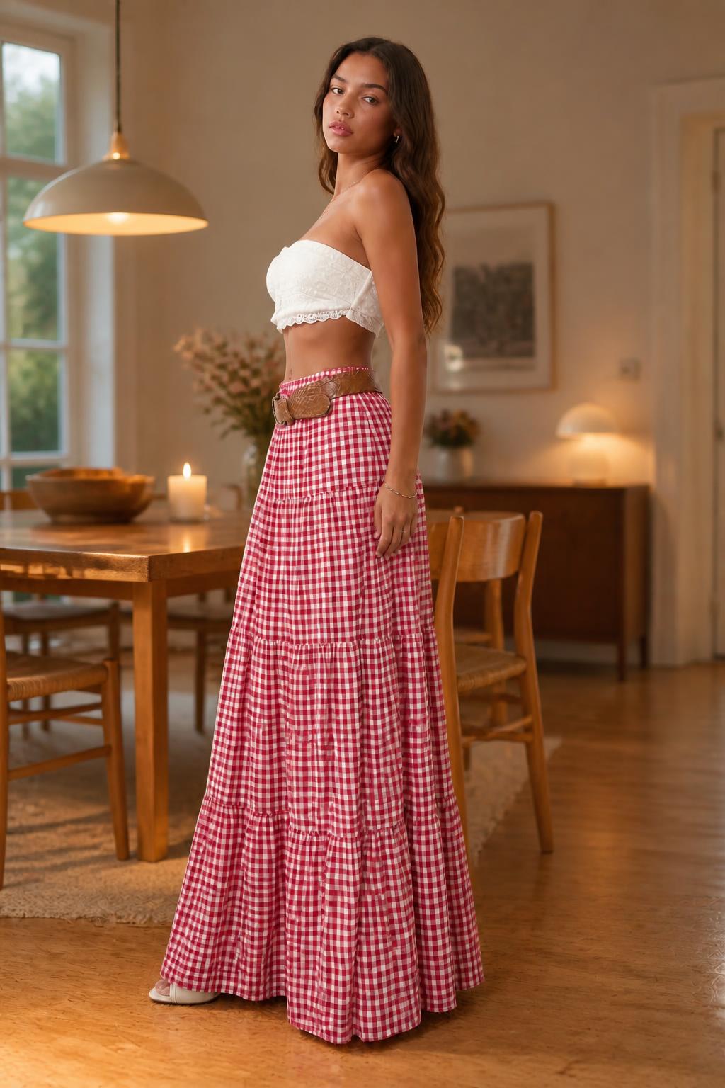 Eliana | Boho Maxi Dress, Red and White Checked High-Waist