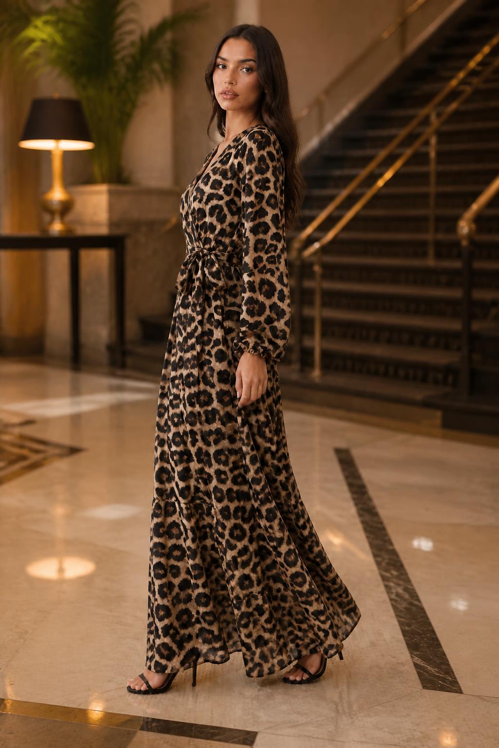 Sophia | Animal Print Dress, Leopard Long Sleeve Wrap with Waist Tie