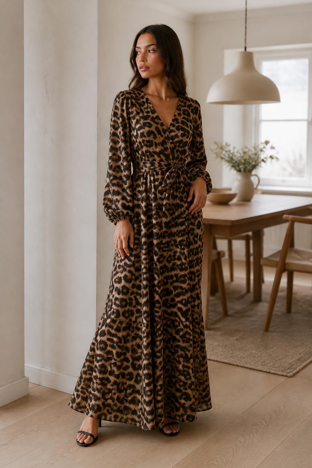 Sophia | Animal Print Dress, Leopard Long Sleeve Wrap with Waist Tie