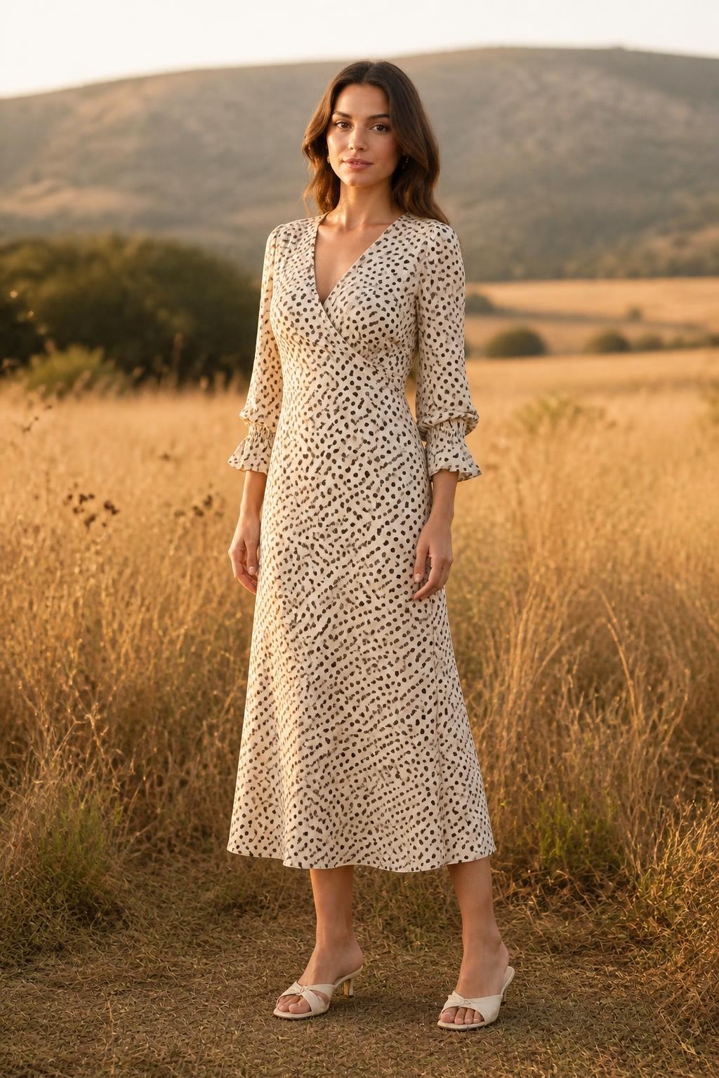 Evelyn | Polka Dot Midi Dress, V-Neck Wrap with Ruffle Layers