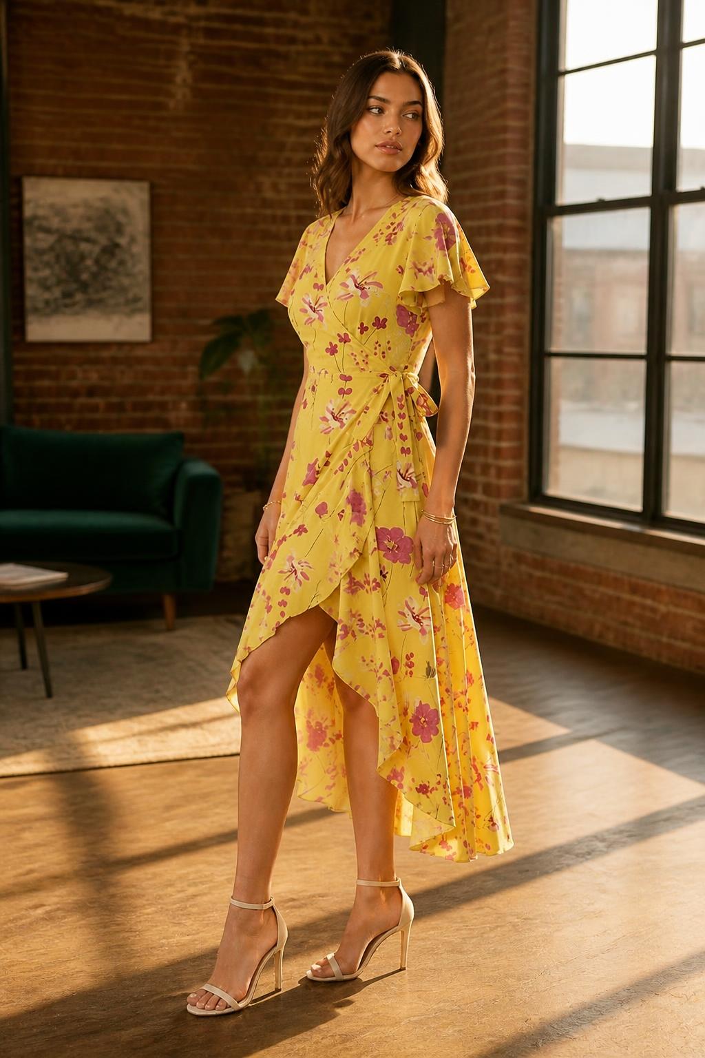 Eliana | Yellow Floral Dress, Wrap Style with Ruffle Sleeves
