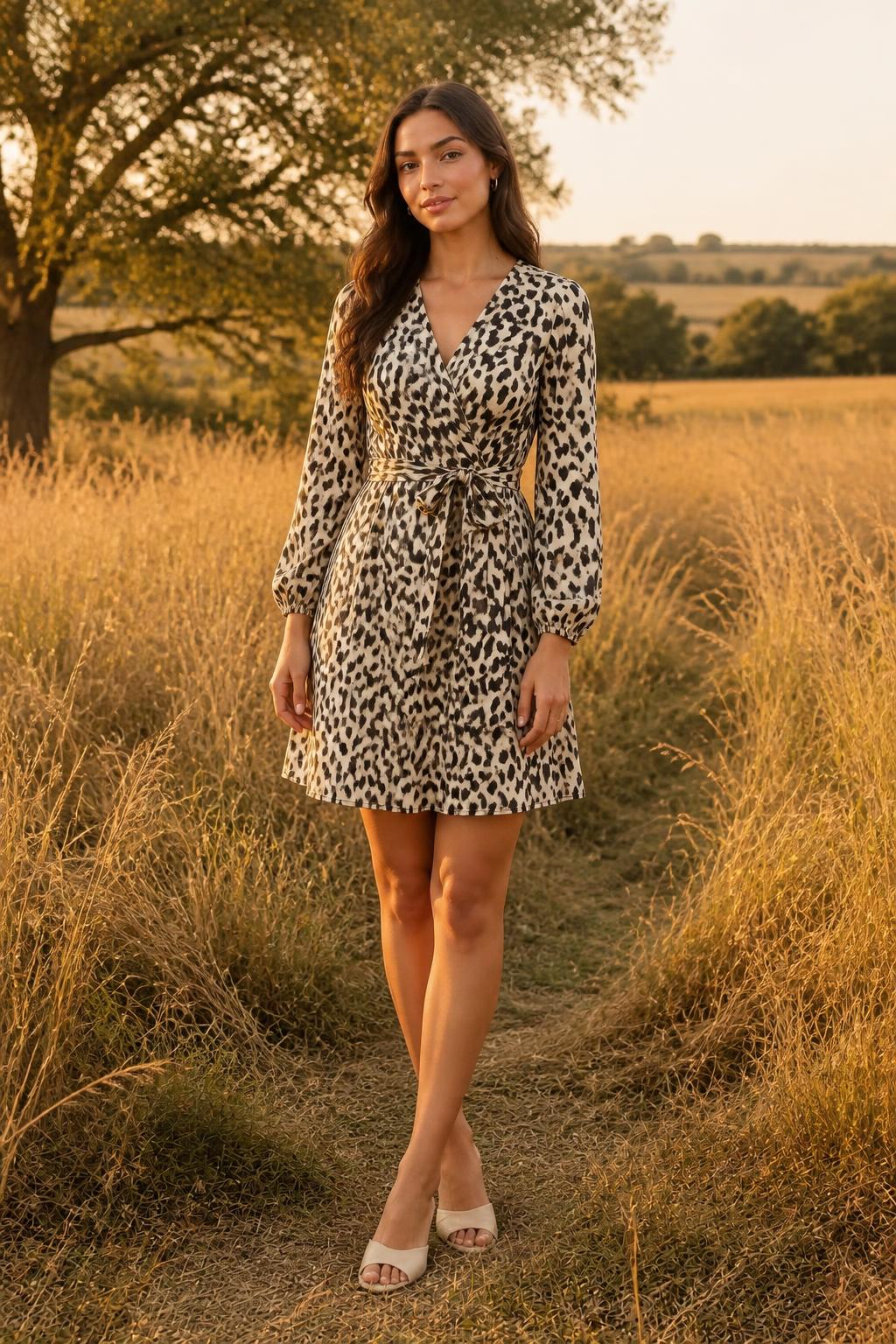 Sophia | A Line Mini Dress, Deer Print with Puff Sleeves and Waist Belt