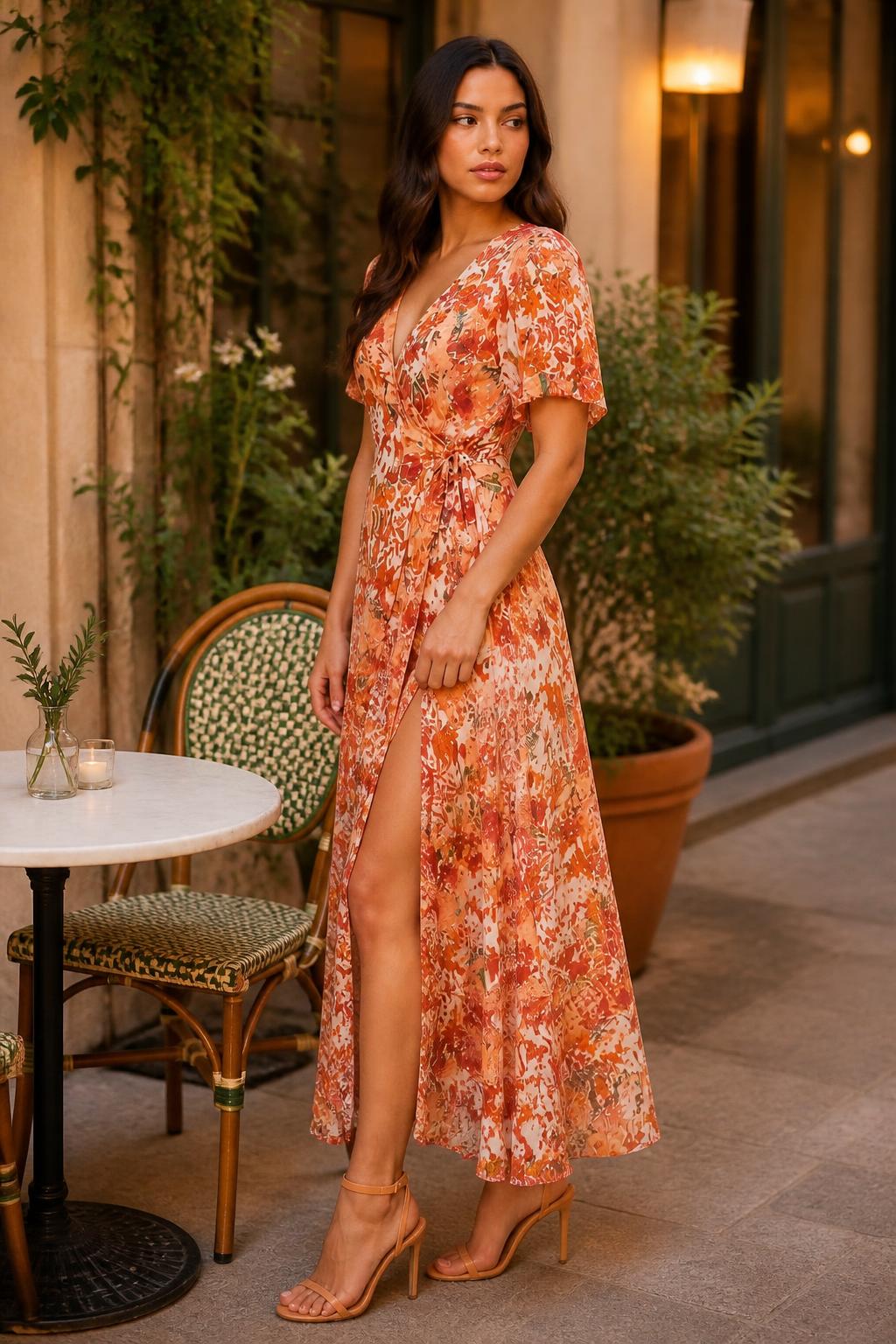 Sophia | Floral Dress, French-Style V-Neck Wrap with Tie
