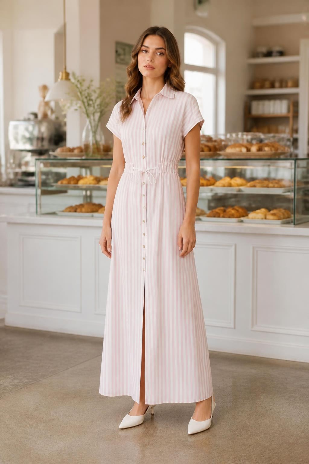 Amelia | Summer Dress, Striped Mid-Length Shirt Style with Defined Waist