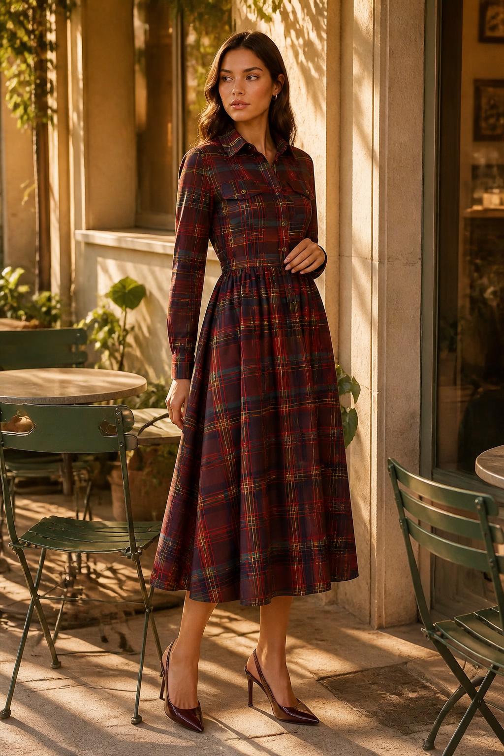 Sophia | Plaid Mini Dress, Vintage Shirt Collar with Pleated Waist