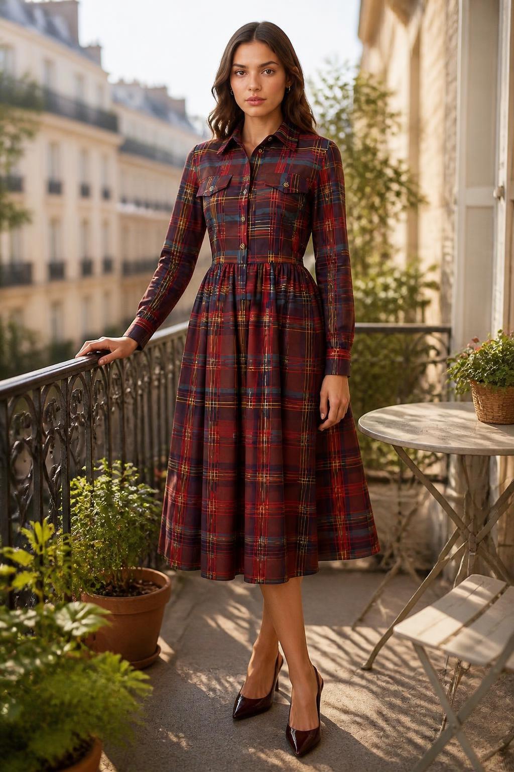 Sophia | Plaid Mini Dress, Vintage Shirt Collar with Pleated Waist
