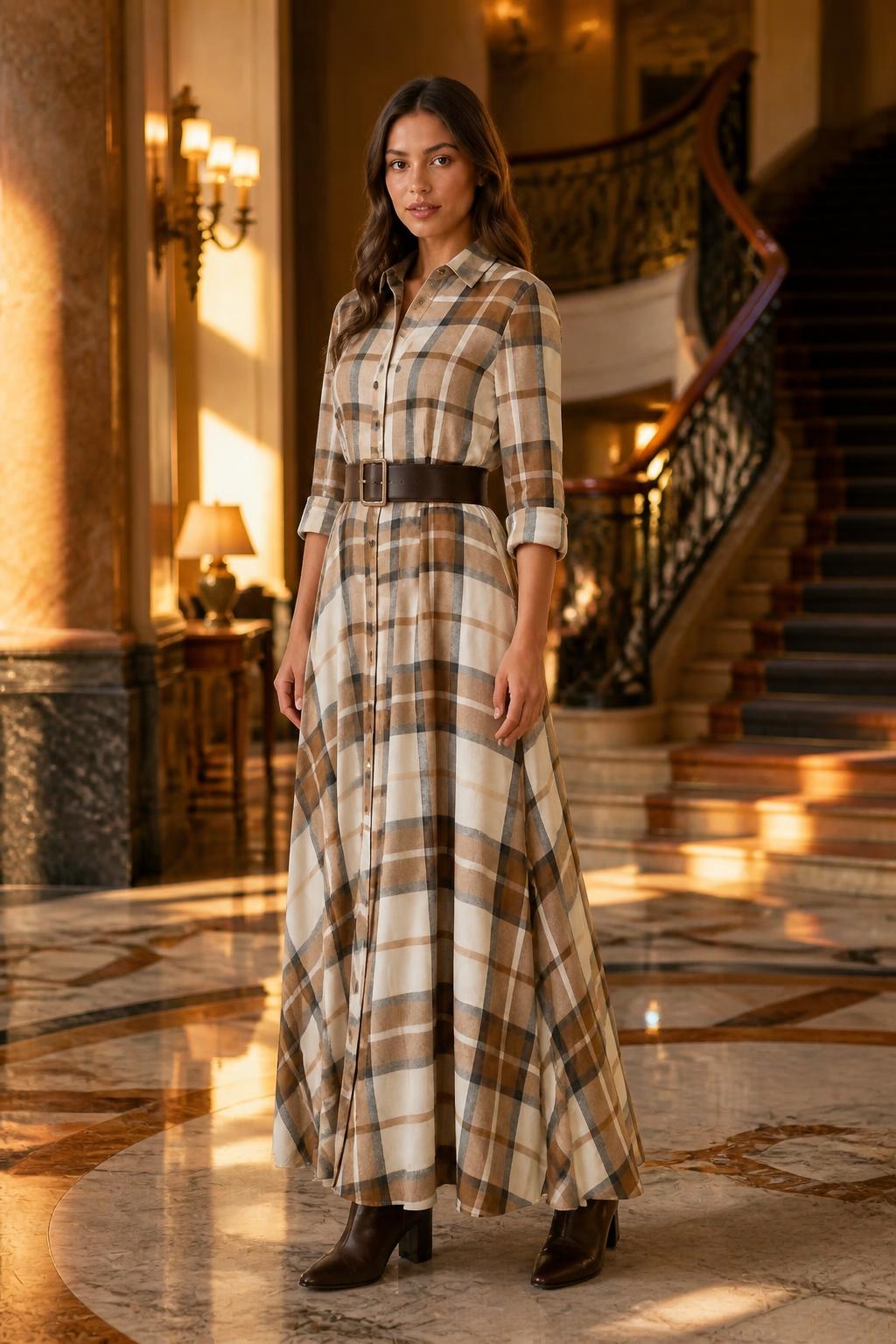 Isabella | Plaid Dress, Long Sleeve Shirt Style (Belt Not Included)