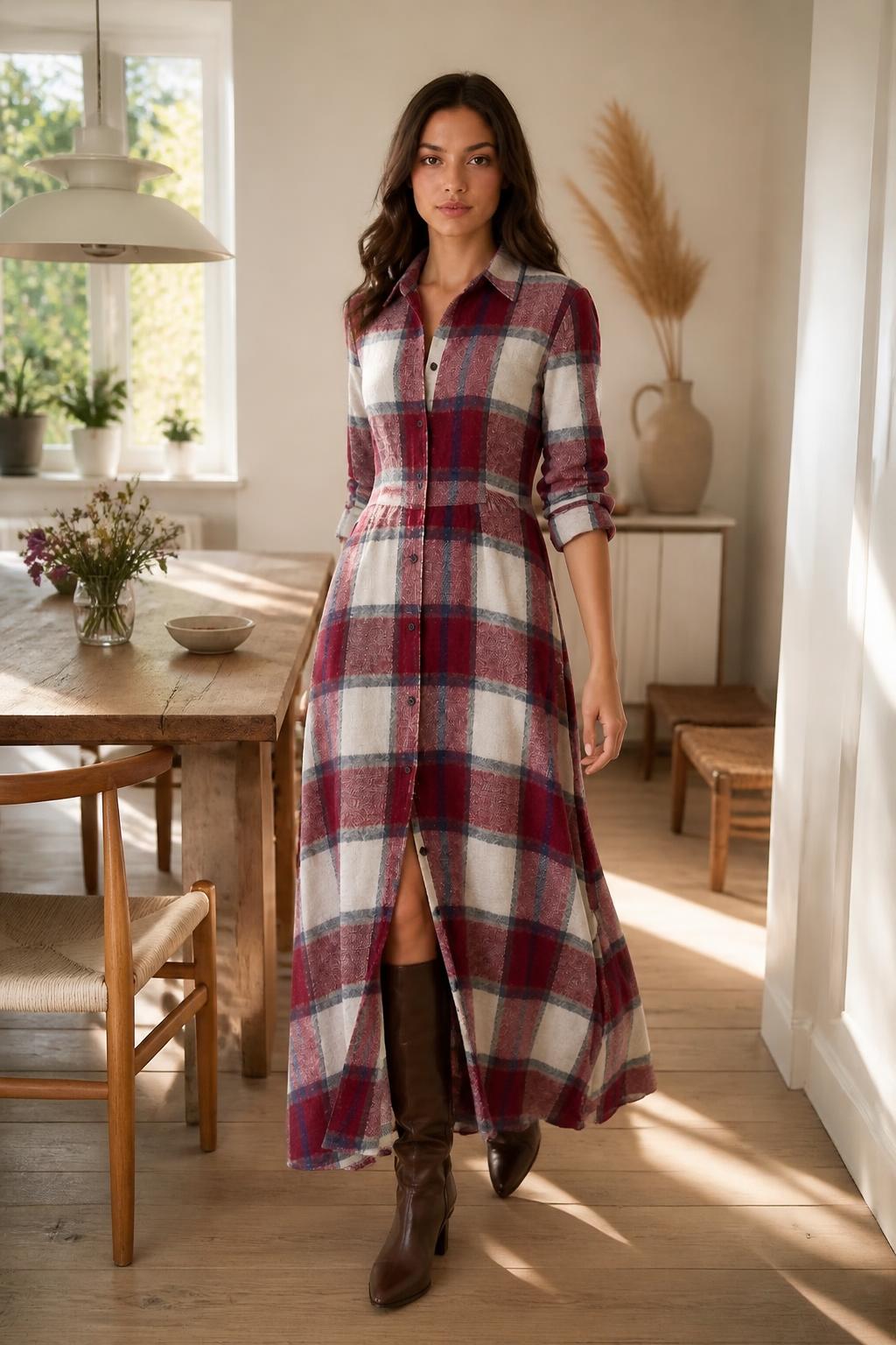 Isabella | Plaid Dress, Long Sleeve Shirt Style (Belt Not Included)