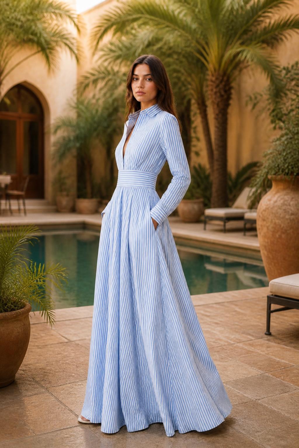 Eliana | Blue and White Dress, Striped A-Line with Waist Tie