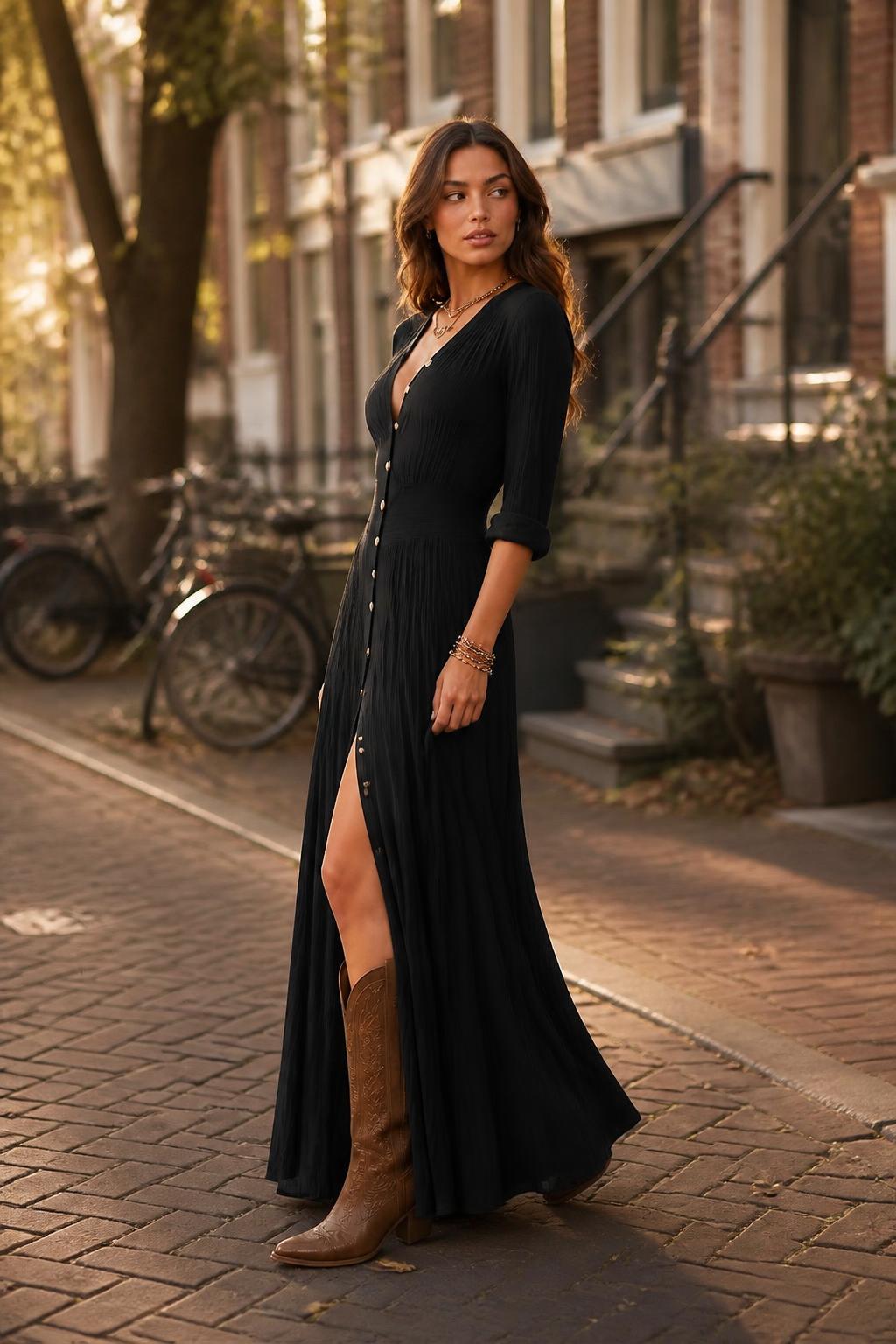 Sophia | Pleated Dress, Long Sleeve Solid Color Shirt Style