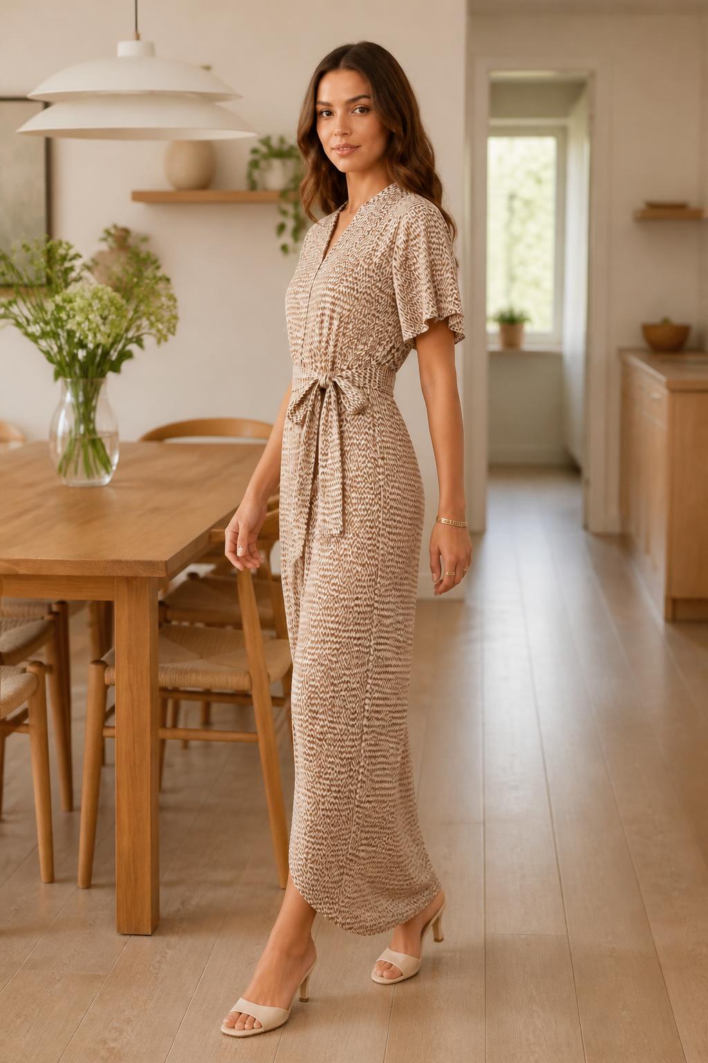 Evelyn | Spring Midi Dress, Elegant All-Over Print with Waist Tie