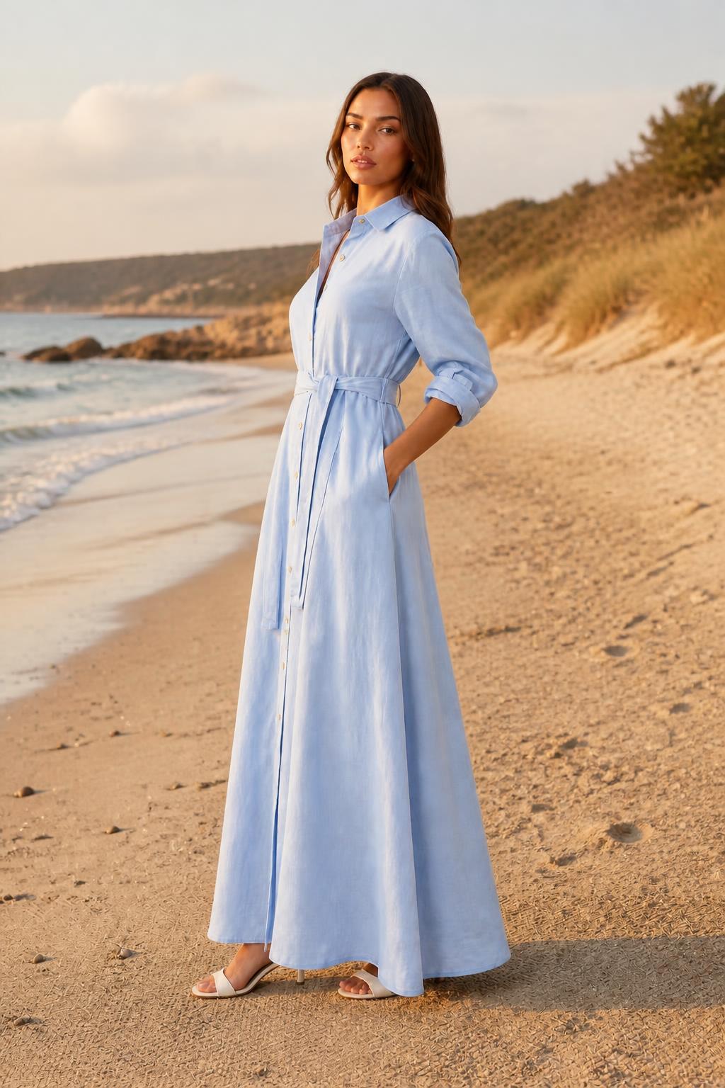 Sofia | Waisted Shirt Dress, French Lapel Tie-Waist Mid-Length A-Line