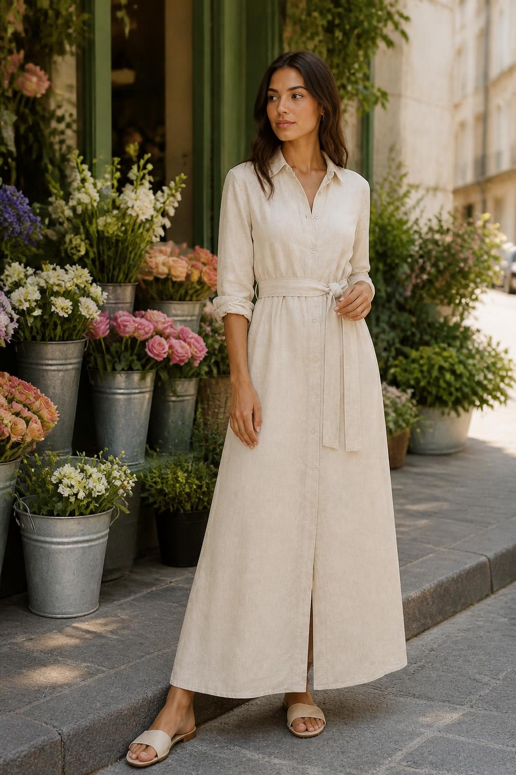 Sofia | Waisted Shirt Dress, French Lapel Tie-Waist Mid-Length A-Line