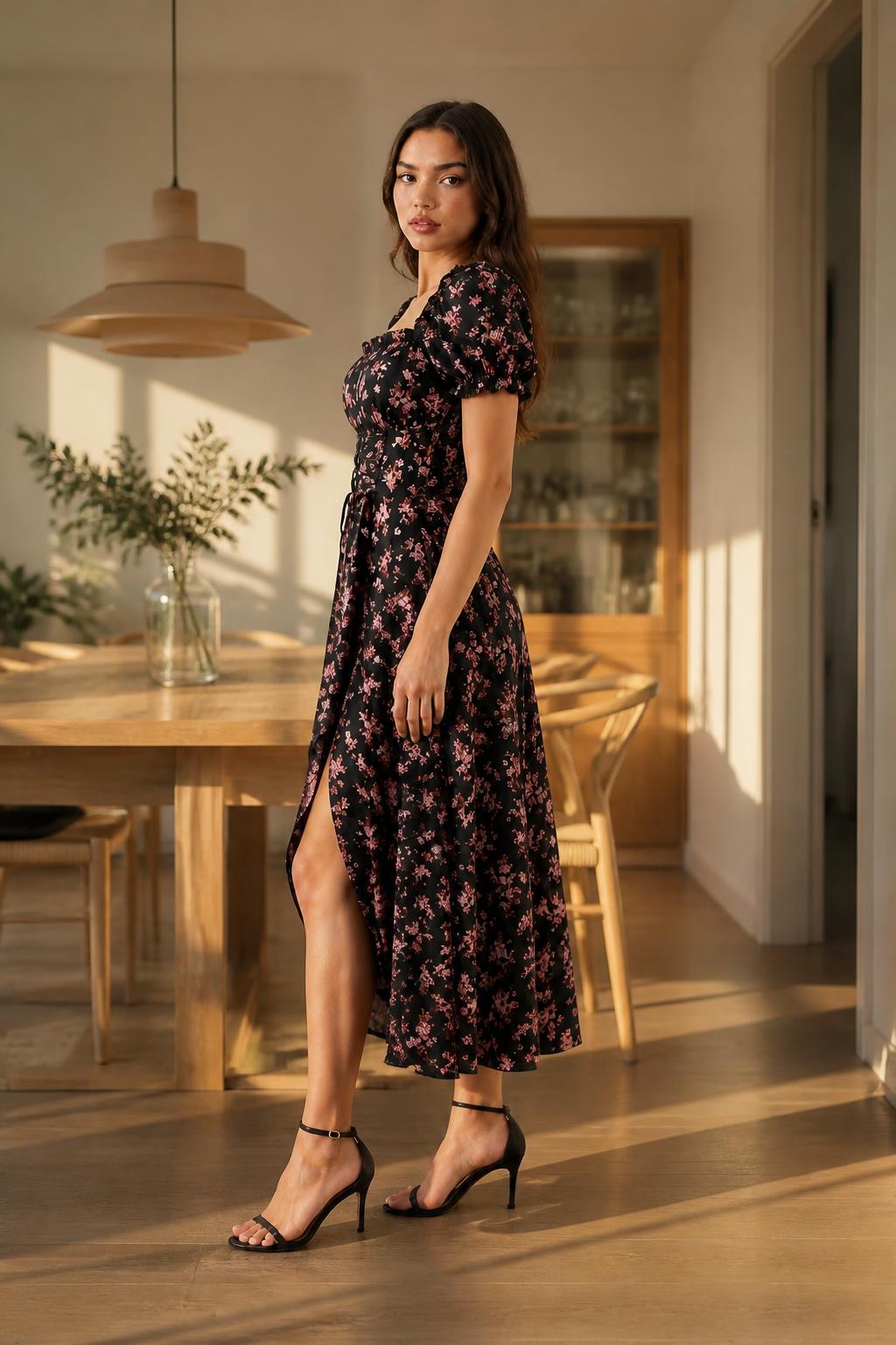 Sophia | Square Neck Dress, Floral with Puff Sleeves and Drawstring
