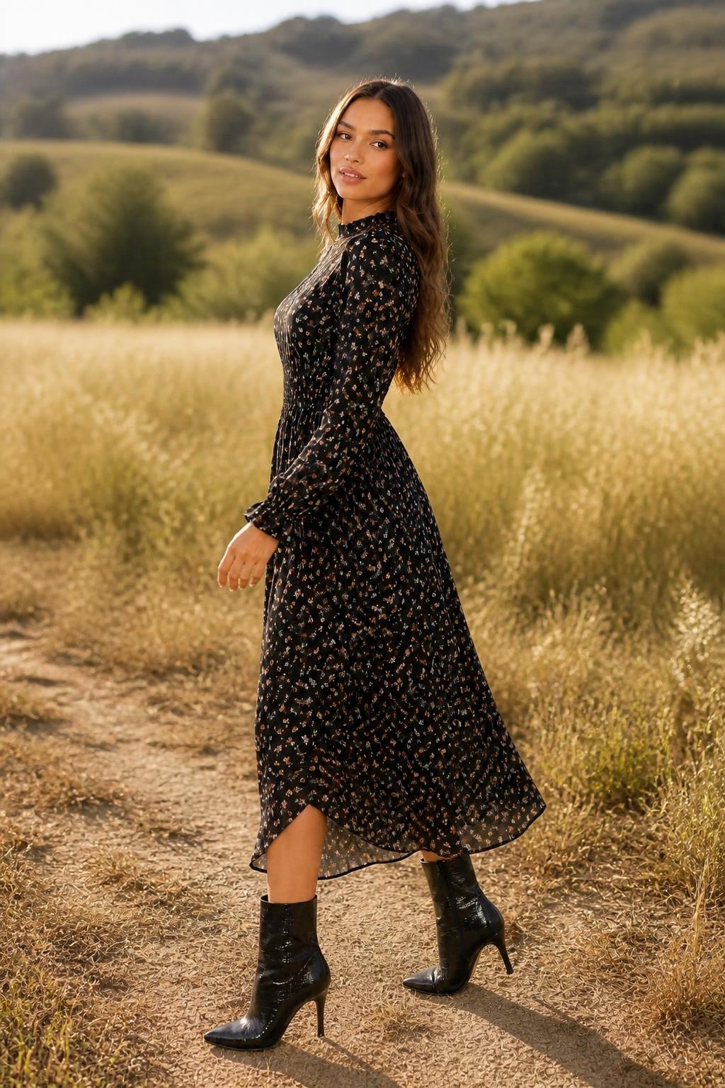 Mia | Flower Dress, A-Line with Stand Collar and Ruffle Hem