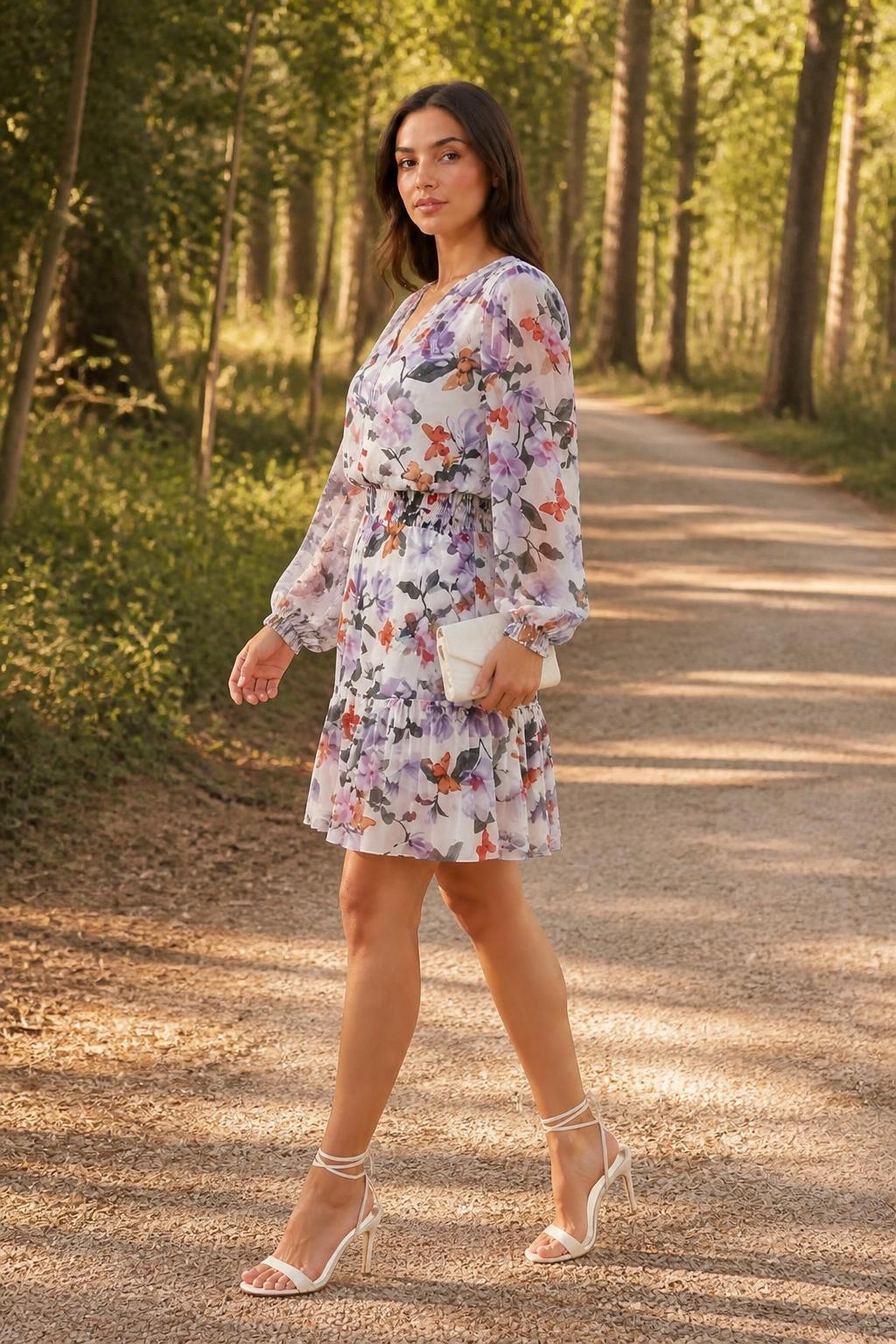 Sofia | Long Sleeve Mini Dress, Elegant Floral V-Neck with Ruffles