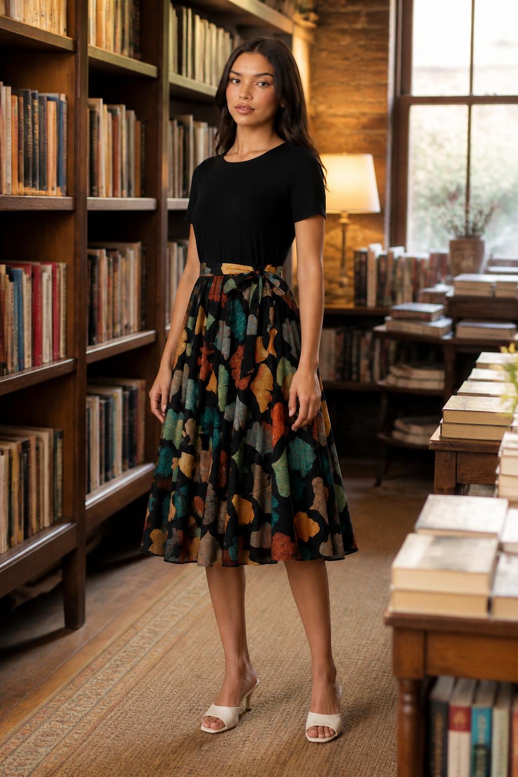 Amelia | Short Sleeve Dress, Floral Round Neck with Belt